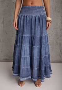 Renee - Niebieska Kaskadowa Bawełniana Spódnica High Waist Stylizowana na Denimową Ealnas. Okazja: na co dzień. Stan: podwyższony. Kolor: niebieski. Materiał: bawełna. Długość: krótkie. Styl: casual #4