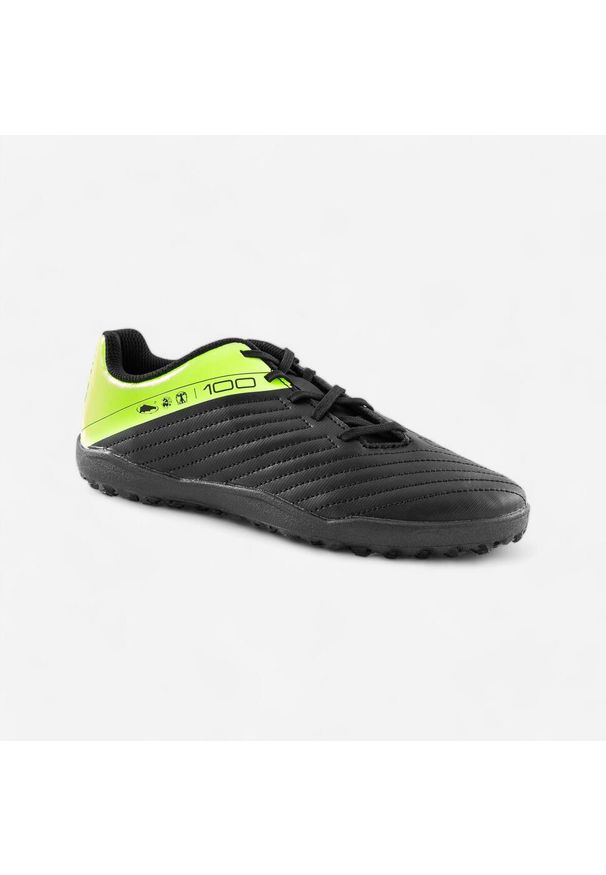 KIPSTA - Buty do piłki nożnej dla dzieci Kipsta 100 Easy Turf TF sznurowane. Kolor: zielony, czarny, żółty, wielokolorowy. Materiał: poliester. Szerokość cholewki: normalna. Sport: piłka nożna
