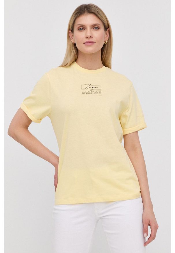 Hugo - HUGO t-shirt 50467321 damski kolor żółty. Kolor: żółty. Materiał: bawełna. Wzór: nadruk