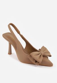 Renee - Ciemnobeżowe Szpilki Slingback z Ozdobną Kokardą na Nosku Chelshi. Zapięcie: pasek. Kolor: beżowy. Obcas: na szpilce. Styl: elegancki #8