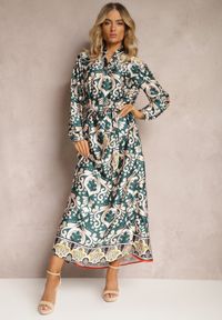 Renee - Zielono-Beżowa Satynowa Sukienka w Ornamentalny Wzór o Pudełkowym Fasonie Elirosa. Kolor: zielony. Materiał: satyna #4