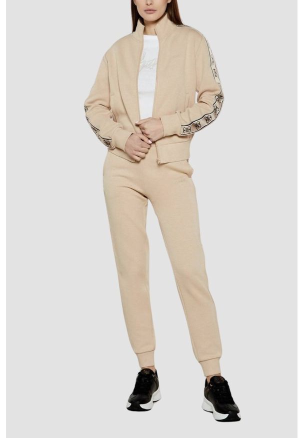 Guess - GUESS Beżowa rozpinana bluza damska z lampasami Britney, Rozmiar M. Kolor: beżowy