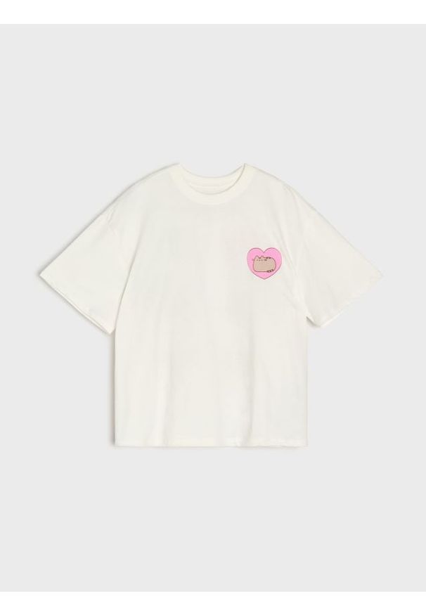 Sinsay - Bawełniana koszulka z nadrukiem Pusheen the Cat - kremowy. Kolor: kremowy. Materiał: bawełna. Wzór: nadruk