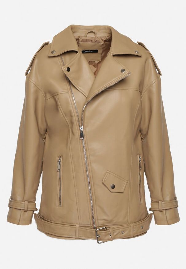 Born2be - Beżowa Kurtka Ramoneska z Ozdobnym Paskiem z Ekoskóry Kotiara. Kolor: beżowy