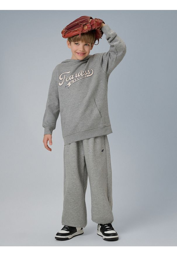 4f - 4F Spodnie dresowe z szerokimi nogawkami chłopięce - szare 158/164 (12-14 lat). Okazja: na co dzień, na spacer, na uczelnię. Kolor: szary. Materiał: dresówka. Sezon: lato. Styl: klasyczny, casual