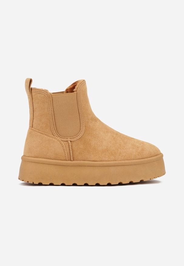 Renee - Brązowe Śniegowce na Platformie Typu Sztyblety Ahelina. Okazja: na co dzień. Kolor: brązowy. Materiał: jeans. Obcas: na platformie. Styl: casual