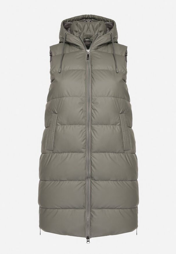 Born2be - Ciemnoszara Pikowana Kamizelka z Kapturem na Suwak i Napy Timella. Okazja: na spacer, na co dzień. Typ kołnierza: kaptur. Kolekcja: plus size. Kolor: szary. Materiał: jeans. Wzór: aplikacja. Styl: klasyczny, elegancki, casual