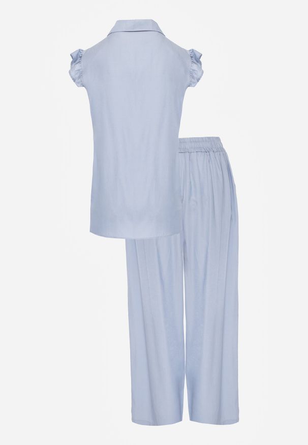 Born2be - Jasnoniebieski Komplet z Wiskozą Szerokie Spodnie i Bluzka z Kołnierzykiem Nautiviane. Kolekcja: plus size. Kolor: niebieski. Materiał: wiskoza. Wzór: gładki