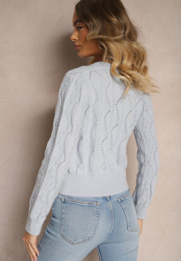 Renee - Niebieski Sweter z Haftowanymi Kwiatkami i Tłoczeniem Innara. Okazja: na randkę. Kolor: niebieski. Wzór: haft, kwiaty. Styl: elegancki