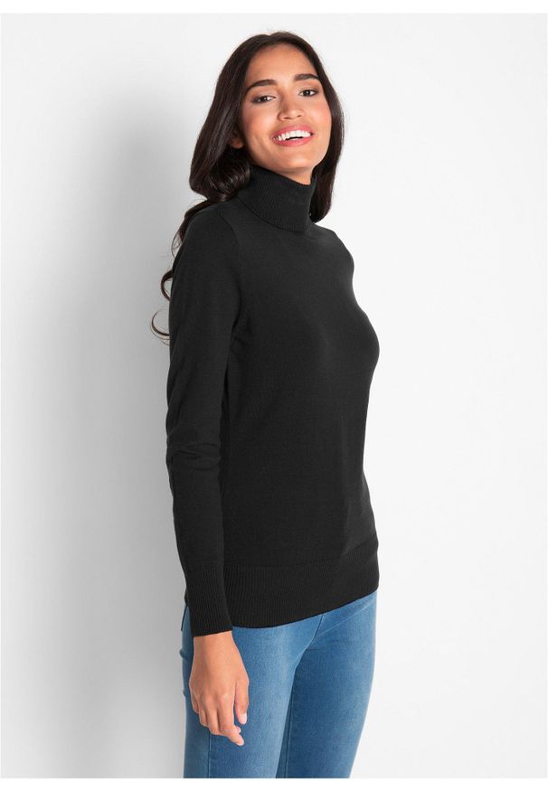 bonprix - Cienki sweter z golfem. Typ kołnierza: golf. Kolor: czarny. Materiał: dzianina. Wzór: gładki, ze splotem