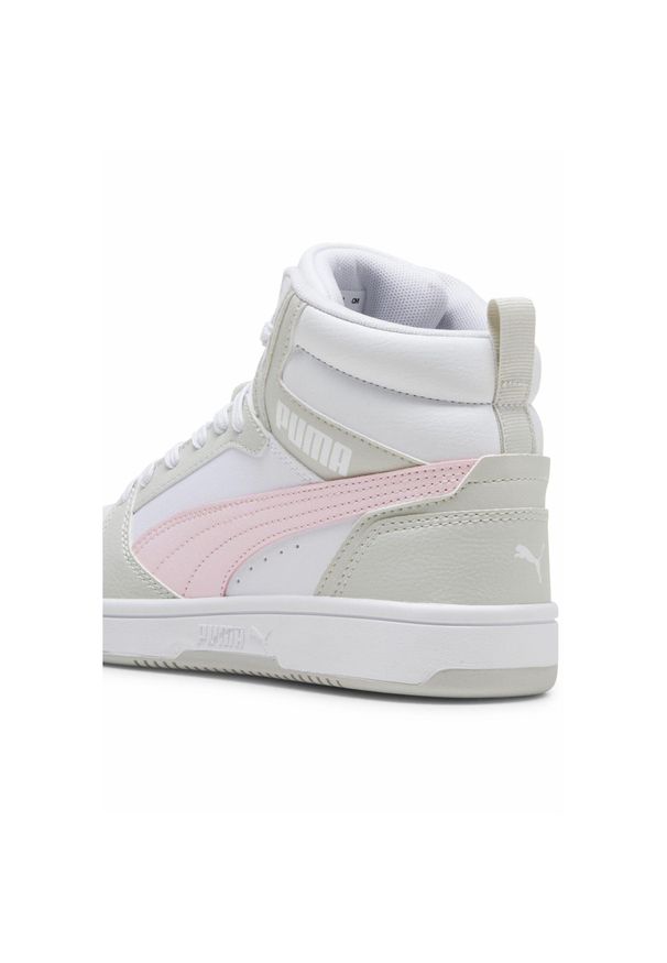 Puma - Młodzieżowe sneakersy Rebound V6 Mid PUMA White Frosty Pink Sedate Gray. Kolor: biały, wielokolorowy, różowy, szary. Sport: koszykówka