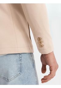 Ombre Clothing - Męska marynarka SLIM z dzianiny o subtelnej strukturze – beżowa V5 - Rozmiar: L. Okazja: do pracy. Kolor: beżowy. Materiał: dzianina. Wzór: kolorowy. Styl: klasyczny #4