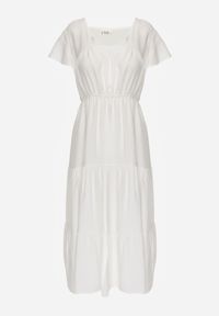 Renee - Biała Sukienka z Wiskozy o Rozkloszowanym Kroju z Falbanami Jonmy. Okazja: na co dzień. Typ kołnierza: dekolt w serek. Kolor: biały. Wzór: gładki, aplikacja. Typ sukienki: proste. Materiał: wiskoza. Długość rękawa: krótki rękaw. Sezon: lato. Styl: casual, elegancki. Długość: midi #2