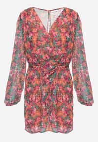 Renee - Różowo-Pomarańczowa Krótka Sukienka Kopertowa w Kwiatowy Wzór Ninora. Kolor: różowy. Wzór: kwiaty. Typ sukienki: kopertowe. Długość: mini #5