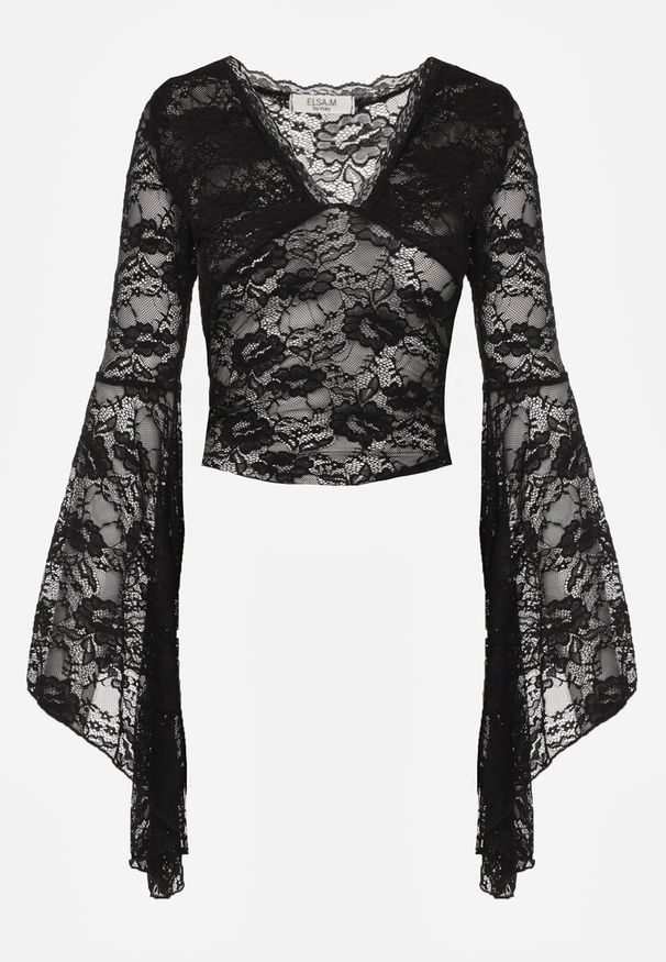 Renee - Czarna Bluzka z Koronki z Długimi Rozszerzanymi Rękawami Kielea. Okazja: na co dzień. Kolor: czarny. Materiał: koronka. Długość: długie. Wzór: koronka. Styl: casual, klasyczny