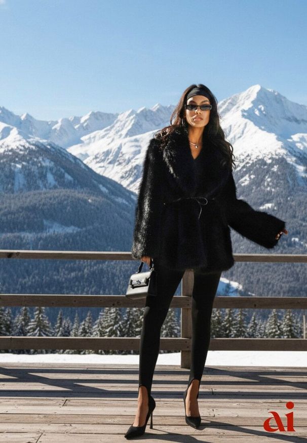 Renee - Czarna Klasyczna Kurtka Futerko z Wąskim Wiązanym Paskiem w Talii Casfitta. Okazja: na co dzień. Kolor: czarny. Materiał: futro. Wzór: nadruk. Styl: klasyczny