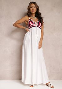 Renee - Biała Bawełniana Sukienka Maxi z Szydełkową Górą i Gumkami na Plecach Jennesia. Kolor: biały. Materiał: bawełna. Długość rękawa: na ramiączkach. Sezon: lato, wiosna. Długość: maxi