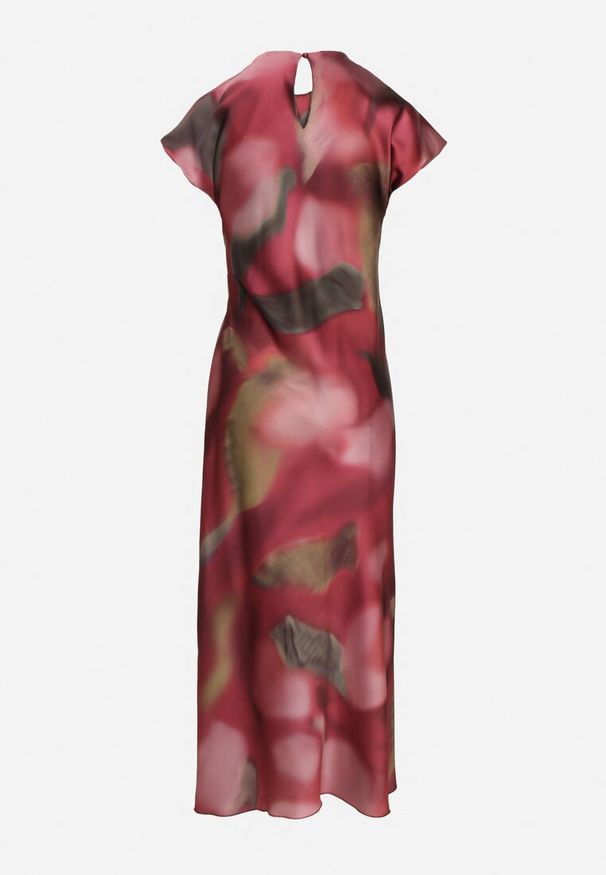 Born2be - Czerwona Rozkloszowana Sukienka w Abstrakcyjny Print z Ozdobnym Marszczeniem Tillanara. Okazja: na imprezę. Kolor: czerwony. Wzór: nadruk. Styl: wizytowy, elegancki