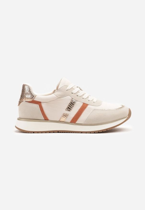 Born2be - Beżowe Sneakersy z Ozdobnymi Paskami i Metalicznymi Wstawkami Alanissea. Okazja: na co dzień. Nosek buta: okrągły. Zapięcie: pasek. Kolor: beżowy. Materiał: jeans. Wzór: paski. Obcas: na płaskiej podeszwie