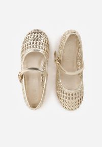 Born2be - Złote Balerinki Ozdobione Plecionką i Paskiem Tesenia. Okazja: na co dzień. Zapięcie: pasek. Kolor: złoty. Materiał: jeans. Wzór: aplikacja. Styl: casual #4