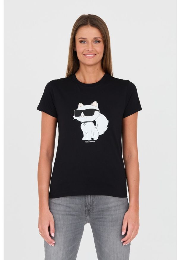 Karl Lagerfeld - KARL LAGERFELD Czarny t-shirt z kotem. Kolor: czarny