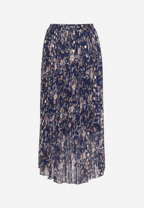 Born2be - Granatowa Rozkloszowana Spódnica Plisowana z Metalicznym Nadrukiem w Kwiatowy Wzór Folireia. Okazja: na co dzień. Kolor: niebieski. Wzór: nadruk, kwiaty. Styl: casual, klasyczny, wizytowy