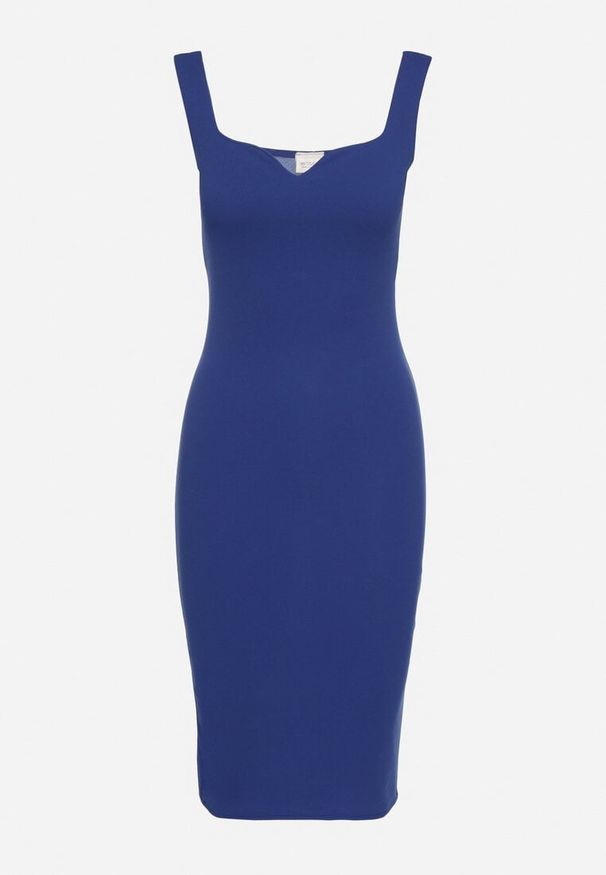 Born2be - Niebieska Sukienka Ołówkowa na Ramiączkach z Dekoltem w Kształcie Serca Maralessa. Okazja: na ślub cywilny, na co dzień, na wesele. Kolor: niebieski. Długość rękawa: na ramiączkach. Wzór: aplikacja. Typ sukienki: ołówkowe. Styl: klasyczny, casual, elegancki