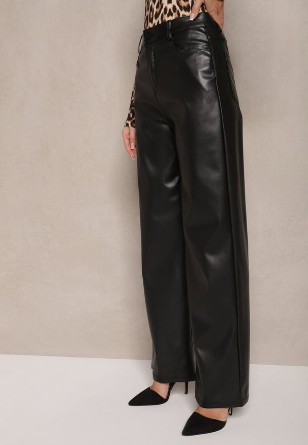 Renee - Czarne Szerokie Spodnie High Waist z Imitacji Skóry Enawinn. Okazja: na imprezę, na co dzień. Stan: podwyższony. Kolor: czarny. Materiał: skóra. Styl: elegancki, casual