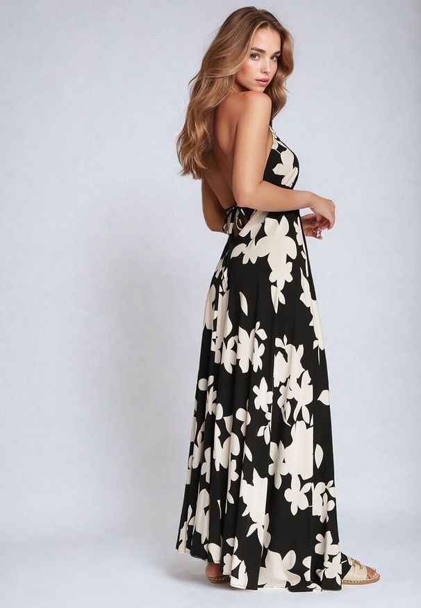Born2be - Czarno-Biała Rozkloszowana Sukienka z Wiskozy na Ramiączkach w Kwiaty Nansora. Okazja: na co dzień. Kolor: czarny. Materiał: wiskoza. Długość rękawa: na ramiączkach. Wzór: kwiaty. Styl: casual, elegancki