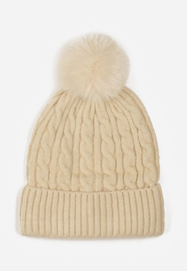 Renee - Beżowa Czapka z Pomponem Zdobiona Warkoczowym Splotem Vetizare. Kolor: beżowy. Wzór: aplikacja, ze splotem. Styl: casual, elegancki