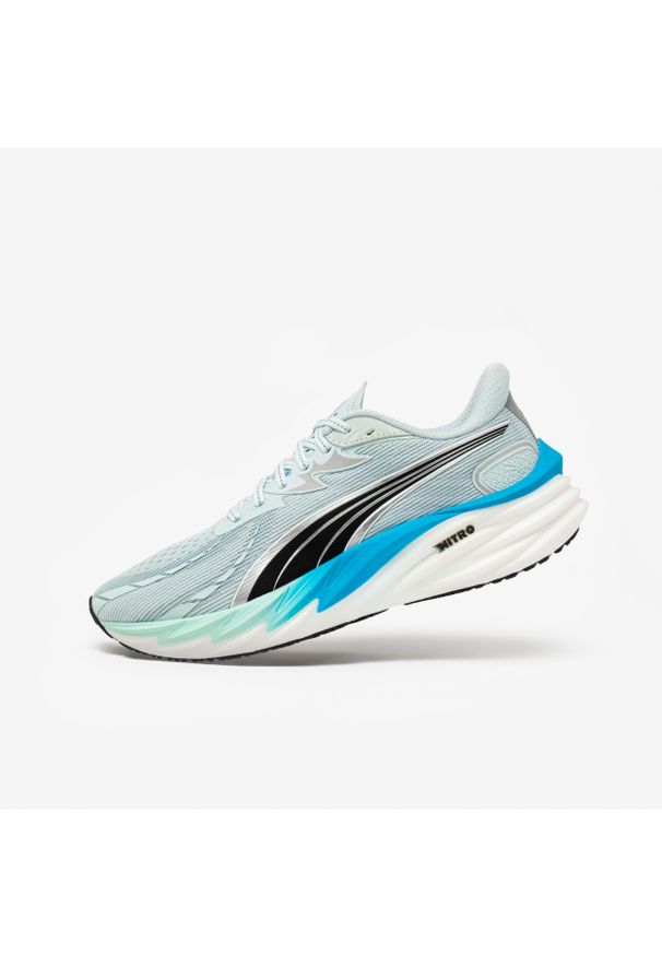 Decathlon - Buty do biegania męskie Puma Velocity Nitro 4. Kolor: niebieski, szary, wielokolorowy. Szerokość cholewki: normalna. Sport: bieganie