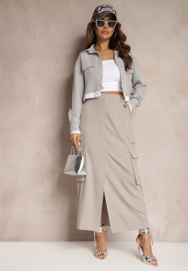 Renee - Szara Spódnica Utility z Kieszeniami na Klapy Inno. Okazja: do pracy. Kolor: szary. Materiał: materiał. Wzór: paski