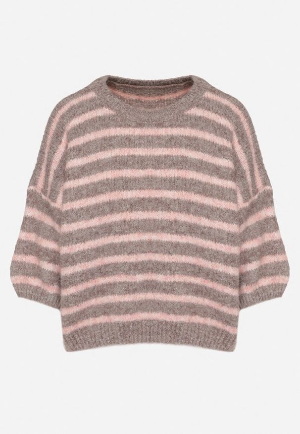 Born2be - Brązowy Sweter z Wełną i Bufiastymi Rękawami w Paski Kaonne. Okazja: na co dzień. Kolor: brązowy. Materiał: wełna. Wzór: paski. Styl: casual, elegancki