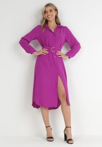 Born2be - Fioletowa Sukienka Koszulowa z Paskiem Alik. Kolor: fioletowy. Materiał: materiał, tkanina. Długość rękawa: długi rękaw. Wzór: gładki, jednolity. Typ sukienki: koszulowe. Długość: midi #2