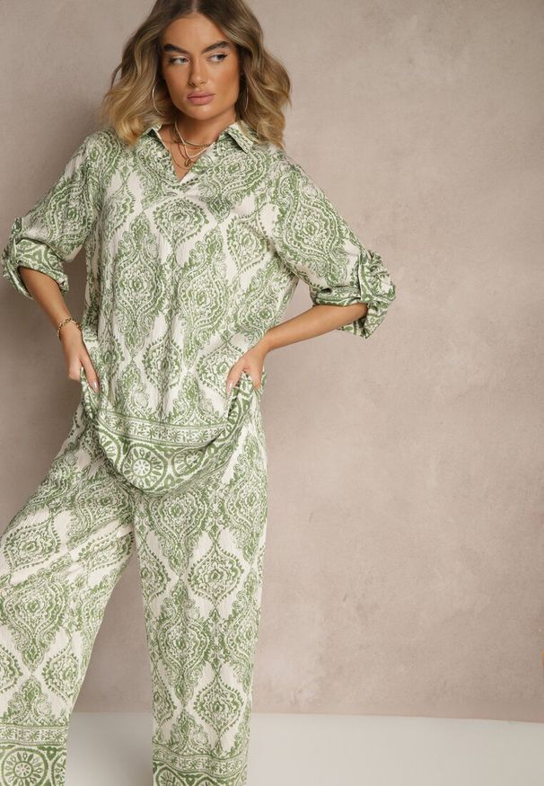 Renee - Zielony Komplet z Wiskozą o Kroju Oversize Koszula i Spodnie Nilarithia. Kolor: zielony. Materiał: wiskoza