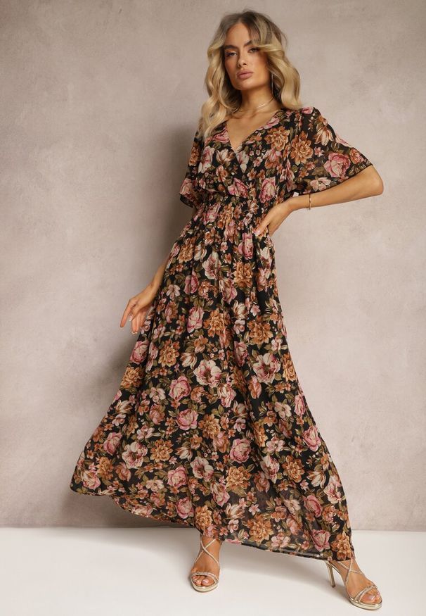 Renee - Czarno-Beżowa Sukienka z Kopertowym Dekoltem z Gumką w Talii i Metaliczną Nicią Sollas. Okazja: na co dzień. Typ kołnierza: dekolt w serek. Kolor: czarny. Typ sukienki: kopertowe. Styl: casual