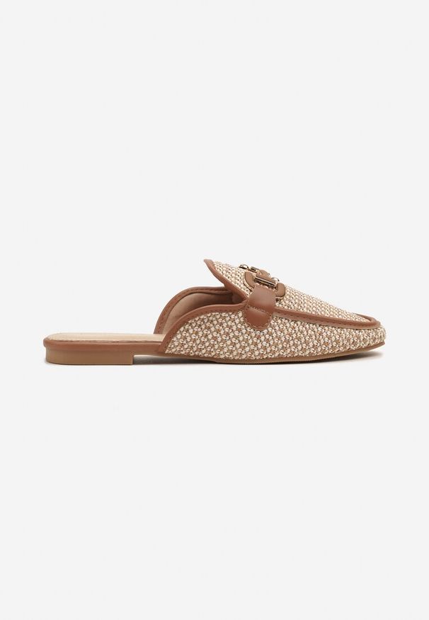 Renee - Brązowo-Beżowe Klapki Mule Zdobione Tweedem i Elegancką Aplikacją Sonelina. Okazja: na co dzień. Kolor: brązowy. Wzór: aplikacja. Styl: elegancki