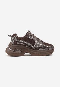 Renee - Brązowe Sneakersy na Platformie Ozdobione Cyrkoniami Luria. Nosek buta: okrągły. Zapięcie: sznurówki. Kolor: brązowy. Materiał: materiał. Wzór: aplikacja. Obcas: na platformie. Wysokość obcasa: niski #3