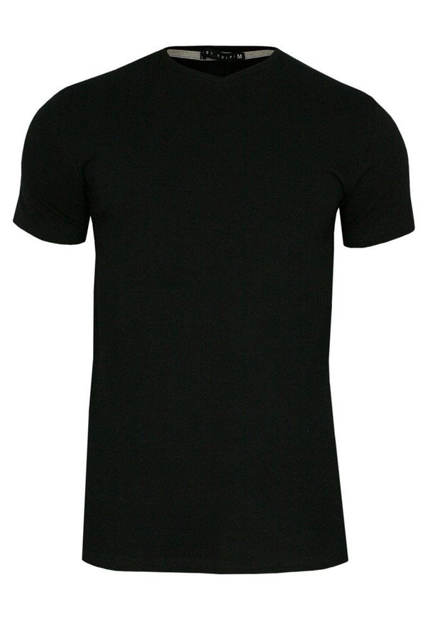 Czarny Jednokolorowy T-shirt Męski, Krótki Rękaw -Just Yuppi- Koszulka, BASIC, w Serek, V-neck. Okazja: na co dzień. Typ kołnierza: dekolt w serek. Kolor: czarny. Materiał: bawełna, elastan. Długość rękawa: krótki rękaw. Długość: krótkie. Styl: casual
