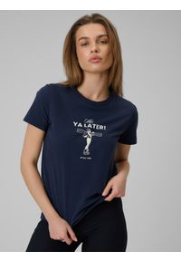 4f - 4F T-shirt regular z nadrukiem damski - granatowy XXL. Okazja: na co dzień. Kolor: niebieski. Materiał: bawełna, dzianina, elastan. Długość rękawa: krótki rękaw. Długość: krótkie. Wzór: nadruk. Styl: casual #1