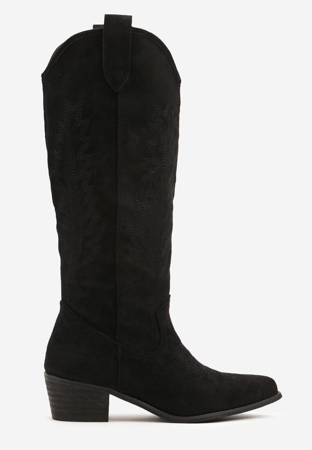 Renee - Czarne Kozaki Typu Kowbojki z Ekozamszu Ozdobione Haftem przy Cholewce Narilira. Okazja: na co dzień. Kolor: czarny. Materiał: jeans. Szerokość cholewki: normalna. Wzór: aplikacja, haft. Obcas: na obcasie. Styl: elegancki, casual. Wysokość obcasa: niski