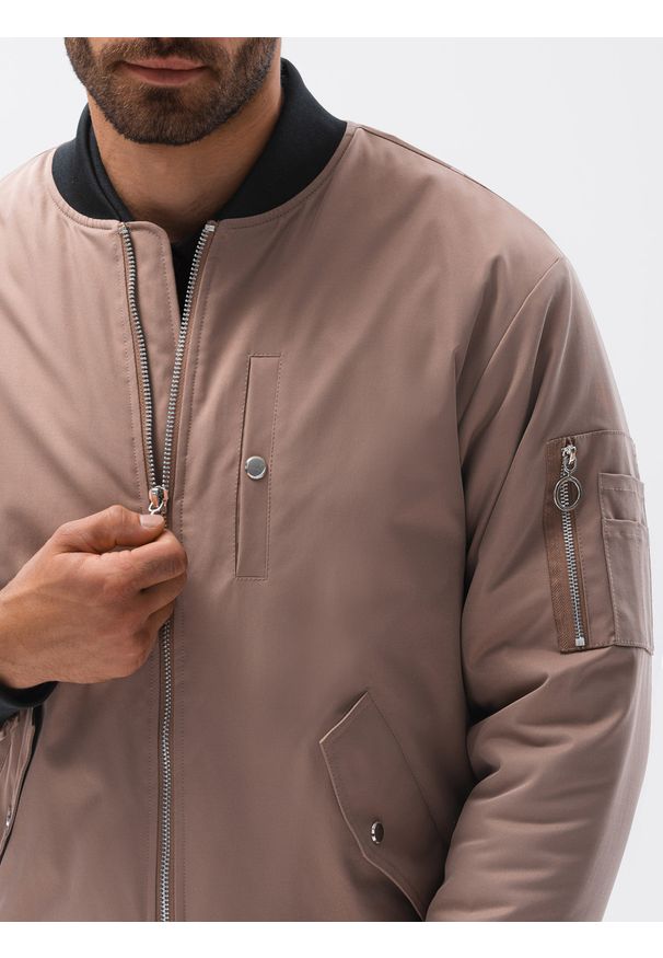 Ombre Clothing - Kurtka męska ocieplana bomberka C516 - beżowa - XXL. Kolor: beżowy. Materiał: poliester