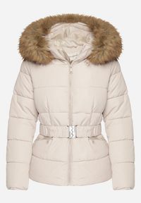 Born2be - Beżowa Pikowana Kurtka z Paskiem Nieodpinanym Kapturem i Futerkiem Retinda. Okazja: na spacer, na co dzień. Kolor: beżowy. Materiał: futro. Styl: casual #6