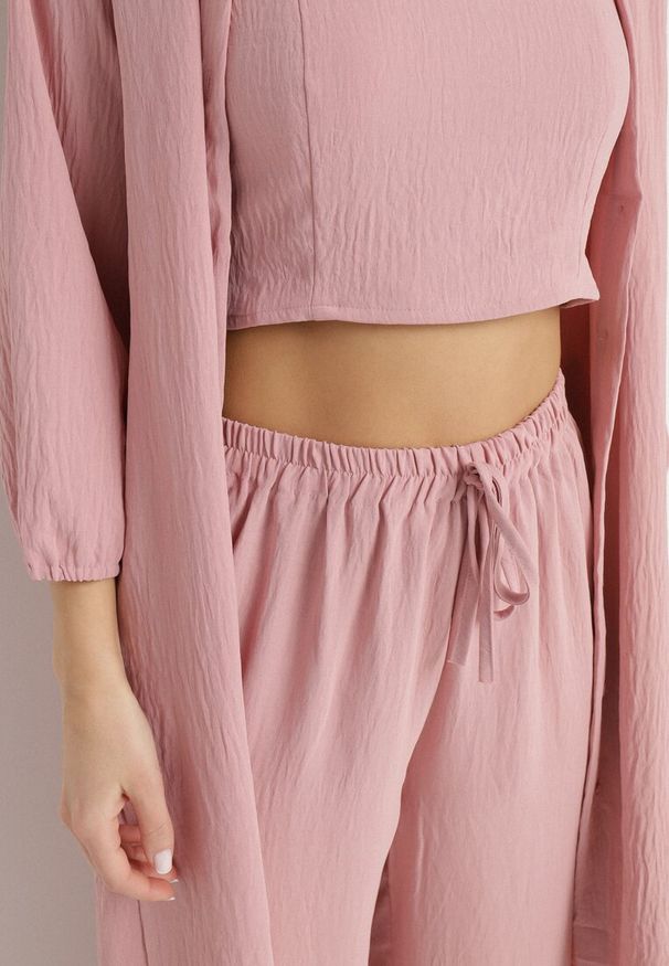 Born2be - Ciemnoróżowy Komplet Top na Cienkich Ramiączkach Długa Koszula i Luźne Spodnie Adirive. Kolor: różowy. Materiał: materiał