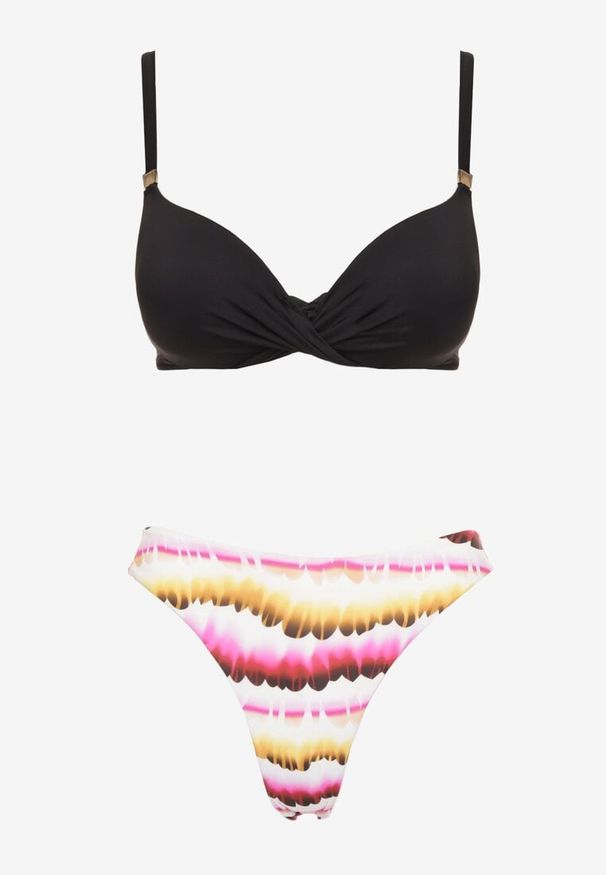 Born2be - Czarno-Różowe Bikini Biustonosz i Majtki Typu Figi z Nadrukiem Natimela. Kolor: czarny. Wzór: nadruk