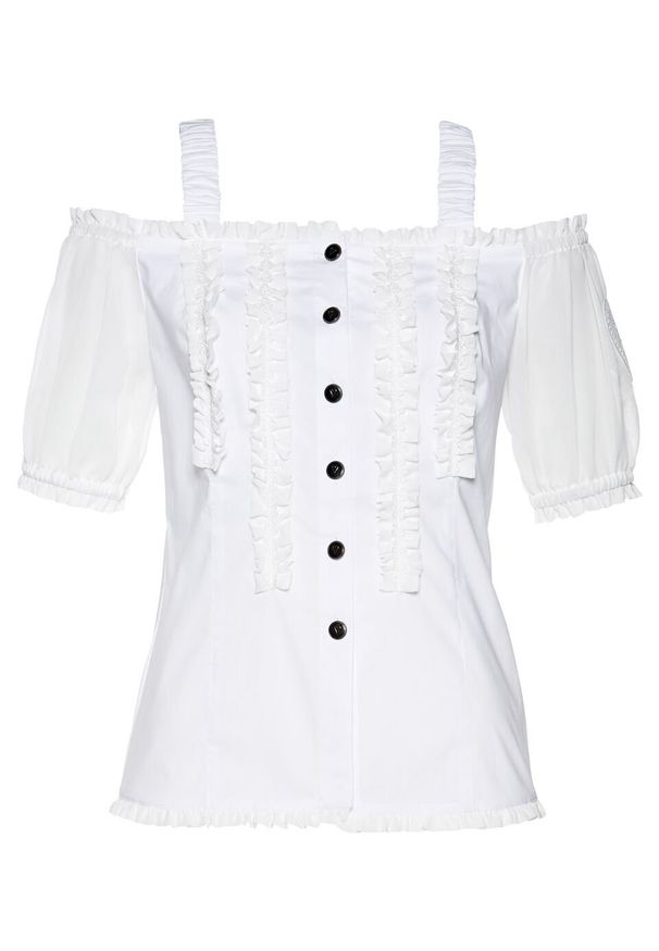 Bluzka w ludowym stylu z falbanami bonprix biały. Kolor: biały