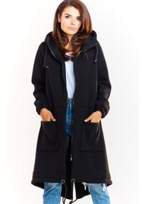 Infinite You - Ciepła długa bluza damska jak parka bawełna premium czarna. Okazja: na co dzień. Kolor: czarny. Materiał: bawełna. Długość: długie. Styl: casual, elegancki