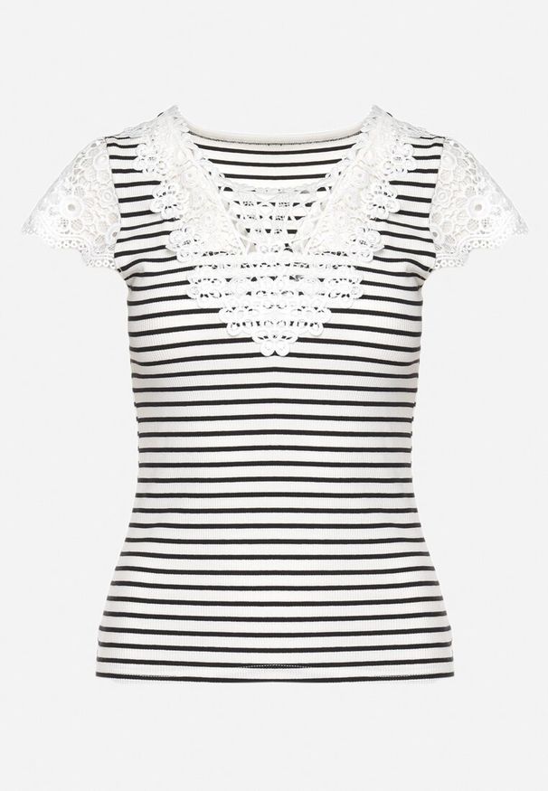 Born2be - Biało-Czarny Bawełniany T-shirt z Prążkowanej Dzianiny Ozdobiony Koronką Liasilo. Okazja: na co dzień. Kolor: biały. Materiał: koronka, dzianina, bawełna, prążkowany. Wzór: koronka, aplikacja. Styl: casual, elegancki