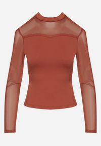 Born2be - Brązowa Bluzka z Golfem Vices Ozdobiona Transparentnymi Wstawkami Hatalie. Okazja: na co dzień. Typ kołnierza: golf. Kolor: brązowy. Materiał: jeans. Długość rękawa: długi rękaw. Długość: długie. Wzór: aplikacja. Styl: klasyczny, casual #5