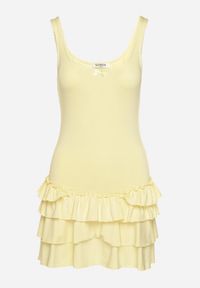 Born2be - Żółta Sukienka z Wiskozą Ozdobiona Falbankami Ovinia. Okazja: na co dzień. Typ kołnierza: kołnierz z falbankami. Kolor: żółty. Materiał: wiskoza. Długość rękawa: na ramiączkach. Wzór: aplikacja. Styl: casual #7